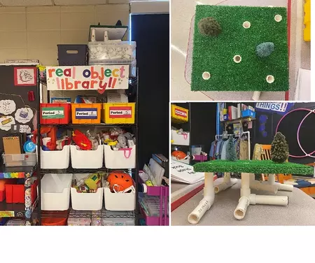 left, objects in bins "Real Objects Library"; right top, tunnel model from above demonstrating grass and trees; right lower, tunnel model from below demonstrating tunnels of pipe connecting to grassy landing