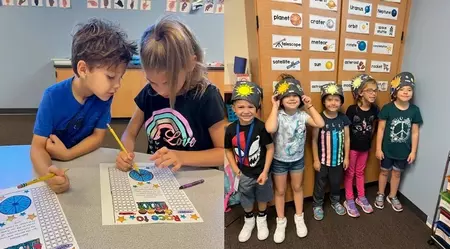 on the  left, two students working on a math paper and on the right, a group of five students wearing blue headbands with stars.