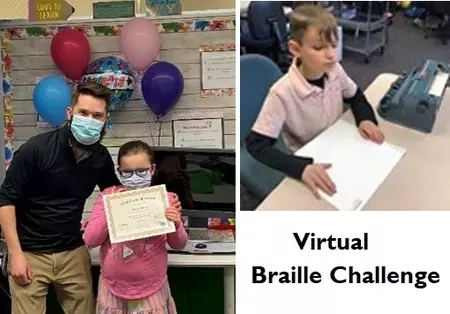 "Virtual Braille Challenge" student shows her certificate while another students reads braille