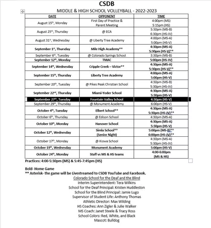 MS & HS Volleyball Schedule