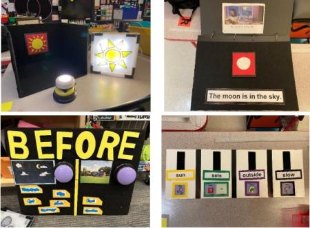 top left, sun on black felt board and sun on lightbox; top right, moon on black felt board "The moon is in the sky"; lower left, "BEFORE" felt board; lower right, "Who, What do, Where, How" poster board