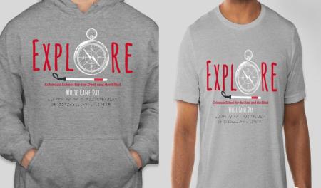 On the left is a grey sweatshirt with the word explore in red, on the right is a grey t-shirt with the words explore in red.