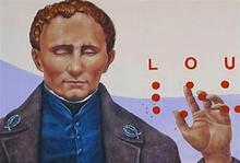 Louis Braille looking foward with his right hand reading braille that spells name.