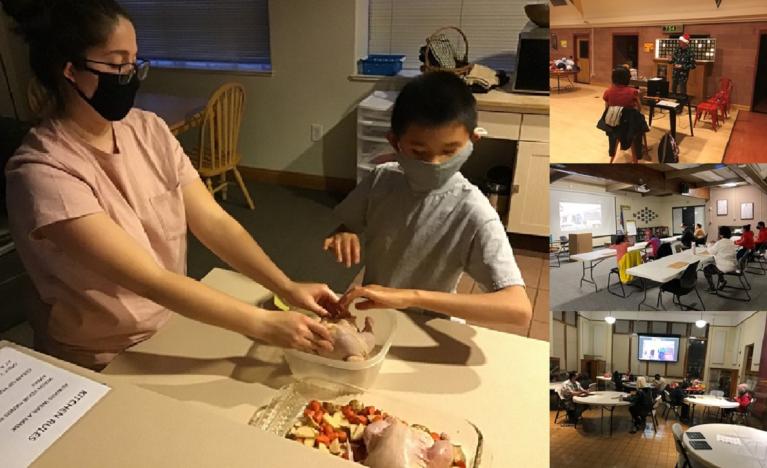 Left, staff helps blind student make dinner; right, bingo-caller & socially distanced players