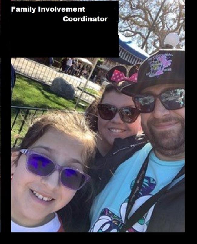 Mom and Dad standing behind daughter, Text: Family Involvement Coordinator