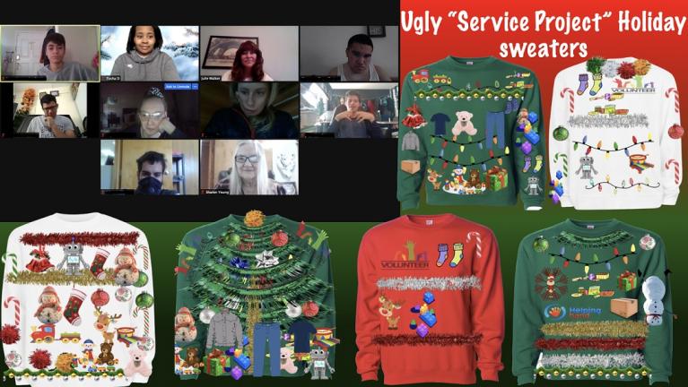 Zoom photos of 7 students and 3 staff; photo of 6 decorated sweaters