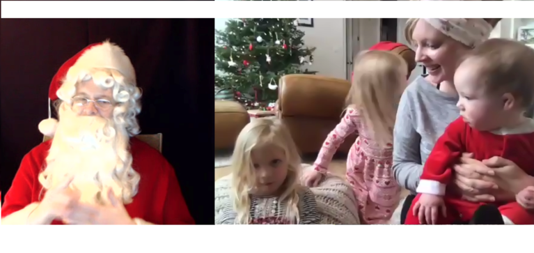 Two photos on Zoom, Santa and a mom with three young kids