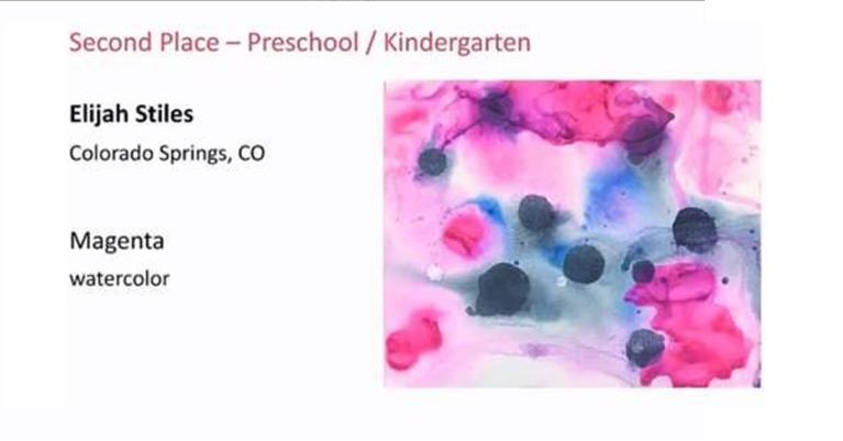 Text: 2nd Place-Preschool/K, Elijah Stiles, Colorado Springs, CO, Magenta watercolor; Artwork photo