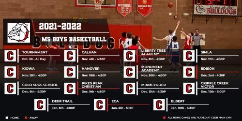 2021-2022 MS Basketball Schedule with an image of the team playing a game in the background.