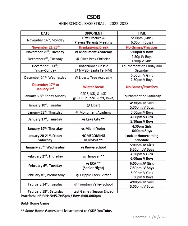 2022 HS Basketball Schedule