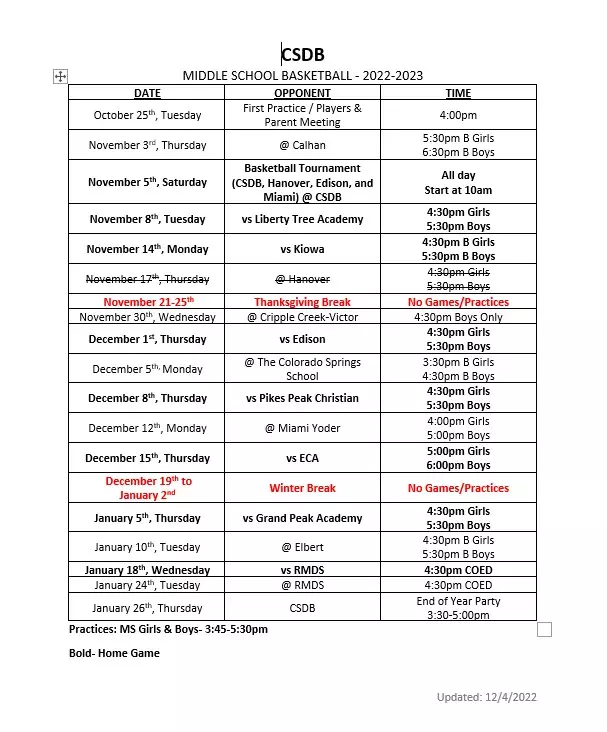 2022 MS Basketball Schedule