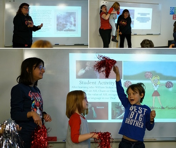 A picture collage of three pictures.  Students and teachers standing in front of a screen holding pompoms.